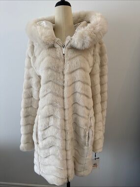 DKNY Cream Faux Fur Hooded Coat - Women's Plush Jacket